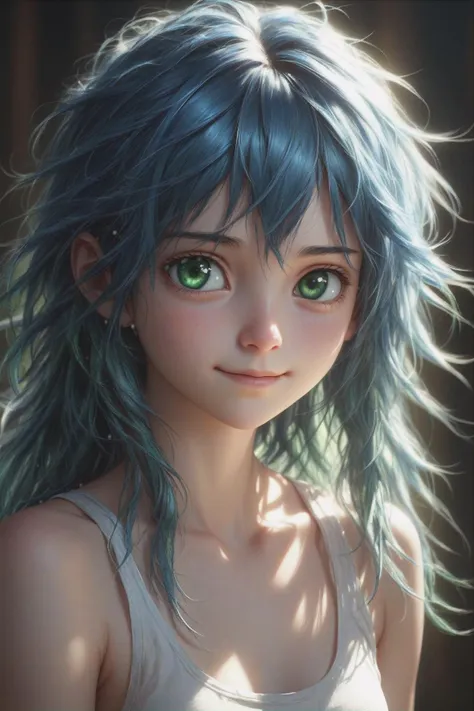 a beautiful blue haired girl, long messy hair, beautiful detailed deep green eyes,  shy smile, small breasts, white tank top, upper body view, ultra realistic, colorful,
(masterpiece:1.2), (best quality:1.2), ultra-detailed, best shadow, detailed background, high contrast, (best illumination, an extremely delicate and beautiful), ((cinematic light)), hyper detail, dramatic light, intricate details, 8k,  very aesthetic, ((realistic)),