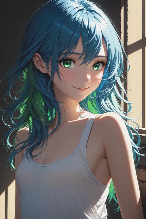 a beautiful blue haired girl, long messy hair, beautiful detailed deep green eyes,  shy smile, small breasts, white tank top, upper body view, ultra realistic, colorful,
(masterpiece:1.2), (best quality:1.2), ultra-detailed, best shadow, detailed background, high contrast, (best illumination, an extremely delicate and beautiful), ((cinematic light)), hyper detail, dramatic light, intricate details, 8k,  very aesthetic,