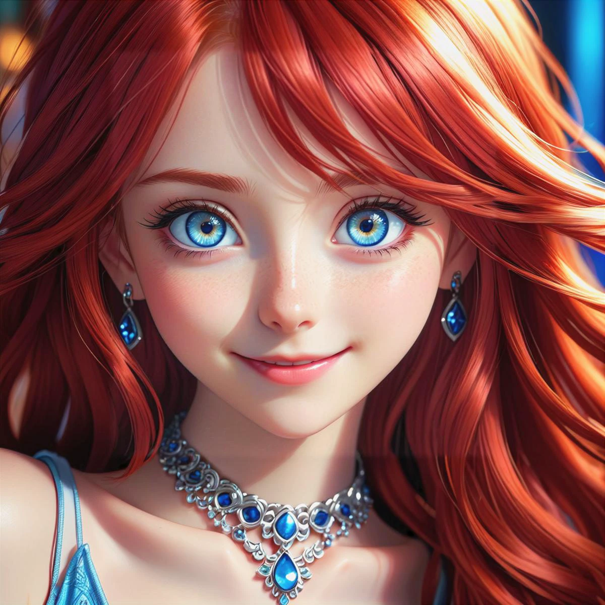 a close up from 1 beautiful and cute girl, extreme close-up, detailed blue-silver eyes, long red hair, beautiful dainty necklace, shy smile, (masterpiece:1.2), (best quality:1.2), newest, ai-generated, ultra-detailed, best shadow, detailed background, high contrast, (best illumination, an extremely delicate and beautiful), ((cinematic light)), hyper detail, dramatic light, intricate details, 8k, anime, very aesthetic, vibrant color,
