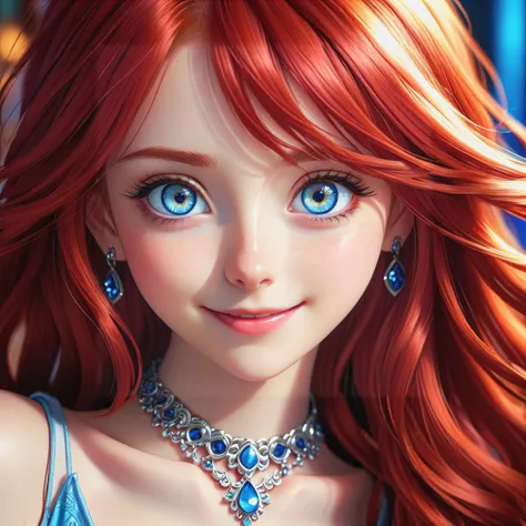 a close up from 1 beautiful and cute girl, extreme close-up, detailed blue-silver eyes, long red hair,  beautiful dainty necklace,  shy smile,  (masterpiece:1.2), (best quality:1.2), newest, ai-generated, ultra-detailed, best shadow, detailed background, high contrast, (best illumination, an extremely delicate and beautiful), ((cinematic light)), hyper detail, dramatic light, intricate details, 8k, anime, very aesthetic, vibrant color,