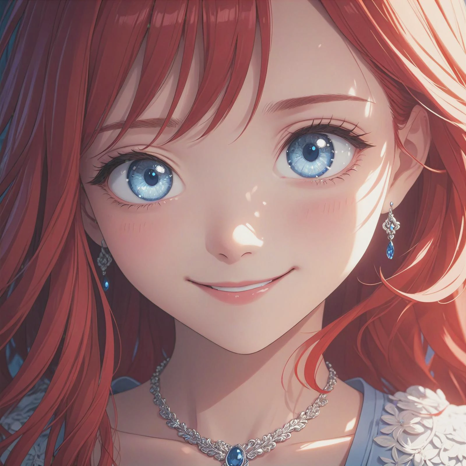 a close up from 1 beautiful and cute girl, extreme close-up, detailed blue-silver eyes, long red hair, beautiful dainty necklace, shy smile, (masterpiece:1.2), (best quality:1.2), newest, ai-generated, ultra-detailed, best shadow, detailed background, high contrast, (best illumination, an extremely delicate and beautiful), ((cinematic light)), hyper detail, dramatic light, intricate details, 8k, anime, very aesthetic, vibrant color,