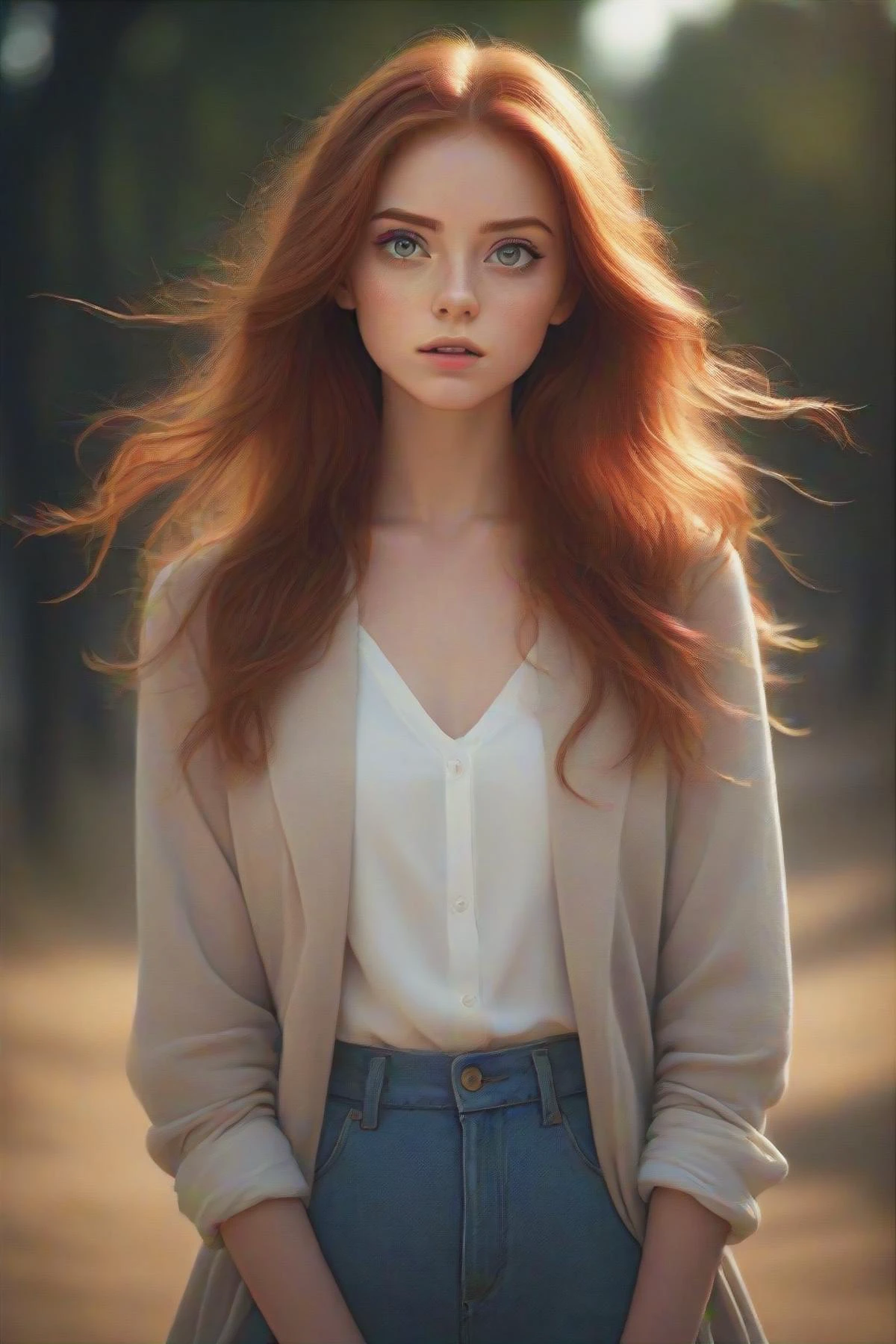 gorgeous young modern fashionable girl with expressive eyes and ginger hair, perfect beautiful eyes, beautiful detailed face, dynamic pose, sharp focus, excellent composition, cinematic atmosphere, precise correct anatomy, aesthetichigh detail of the face image, extremely realistic photo, full body,
(masterpiece:1.2), (best quality:1.2), ultra-detailed, best shadow, detailed background, high contrast, (best illumination, an extremely delicate and beautiful), ((cinematic light)), hyper detail, dramatic light, intricate details, 8k, very aesthetic,
