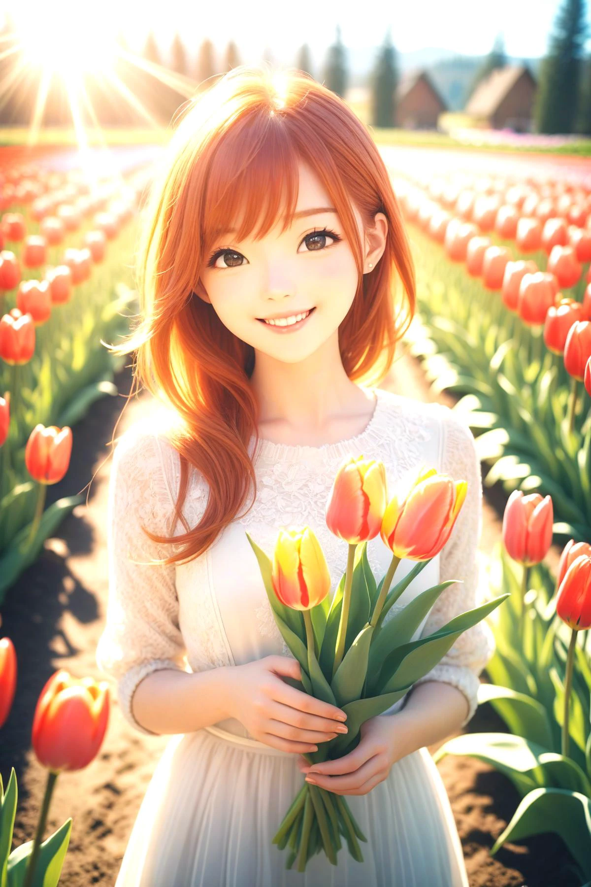 1 ginger girl, smile , sunlight , lens flare reflection,lomography, analog photography, vibrant colors, soft focus, light leaks, dreamy atmosphere, experimental charm, nostalgic appeal, looking into the viewer, tulips flower farm in bg, holding 1 tulip flower in right hand, perfect fingers,
(masterpiece:1.2), (best quality:1.2), newest, ai-generated, ultra-detailed, detailed background, (best illumination, an extremely delicate and beautiful), intricate details, 8k, anime, very aesthetic,