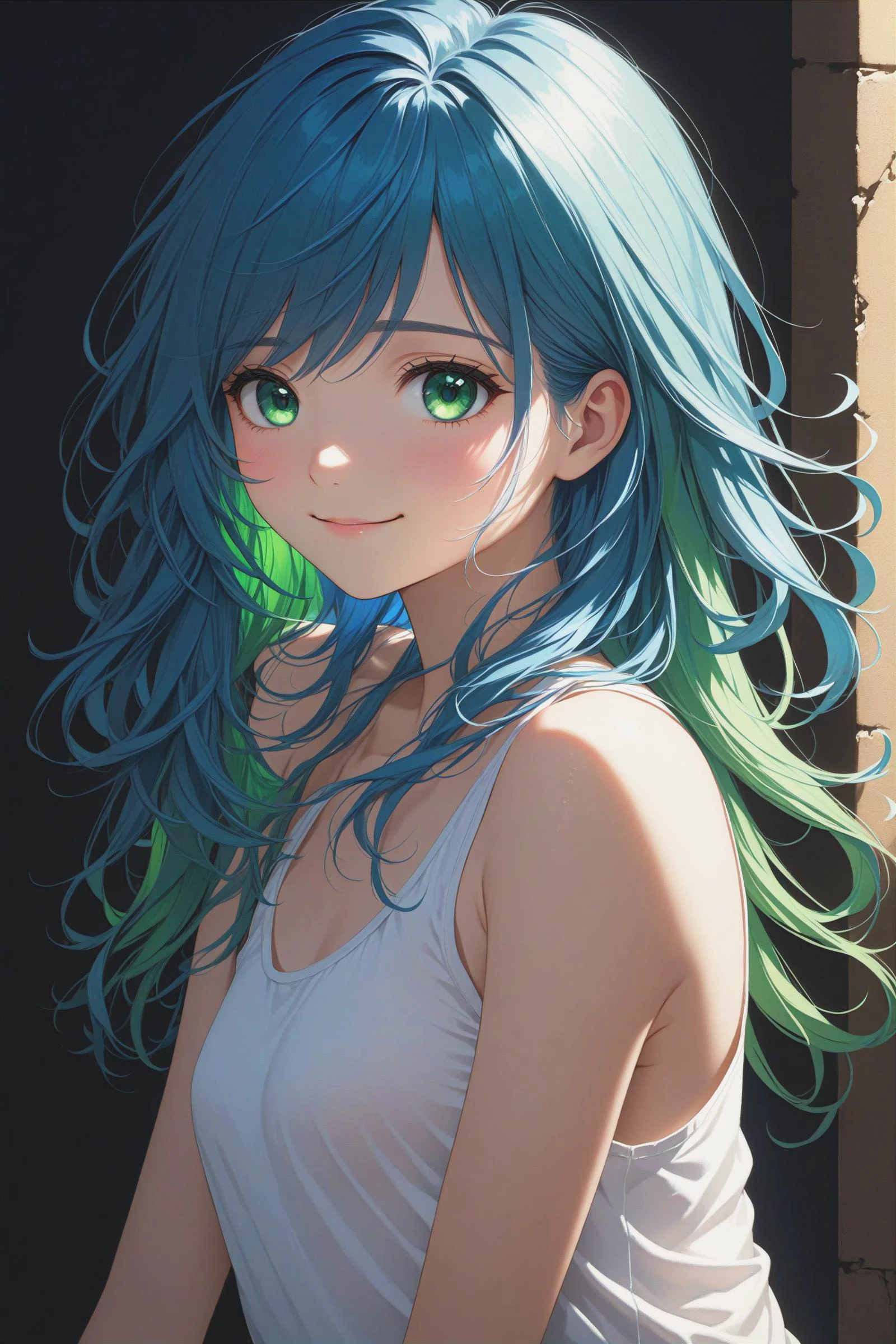 a beautiful blue haired girl, long messy hair, beautiful detailed deep green eyes, cute and beautiful face, shy smile, small breasts, white tank top, upper body view, ultra realistic, colorful,
(masterpiece:1.2), (best quality:1.2), ultra-detailed, best shadow, detailed background, high contrast, (best illumination, an extremely delicate and beautiful), ((cinematic light)), hyper detail, dramatic light, intricate details, 8k, very aesthetic,