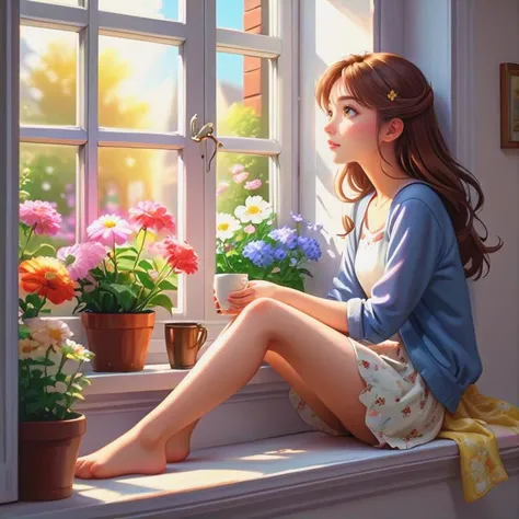 Oil painting, girl leaning against the window sill, resting her chin on the window and looking out the window, wide open window, (outside the window, various flowers are blooming in the flower bed), very delicate and soft lighting, details, Ultra HD, 8k, animated film, girl , holding 1 coffee cup, sitting on the window sill, holding a cup in both hands, shaking legs,
(masterpiece:1.2), (best quality:1.2), newest, ai-generated, ultra-detailed, best shadow, detailed background, high contrast, (best illumination, an extremely delicate and beautiful), ((cinematic light)), hyper detail, dramatic light, intricate details, 8k, anime, very aesthetic,