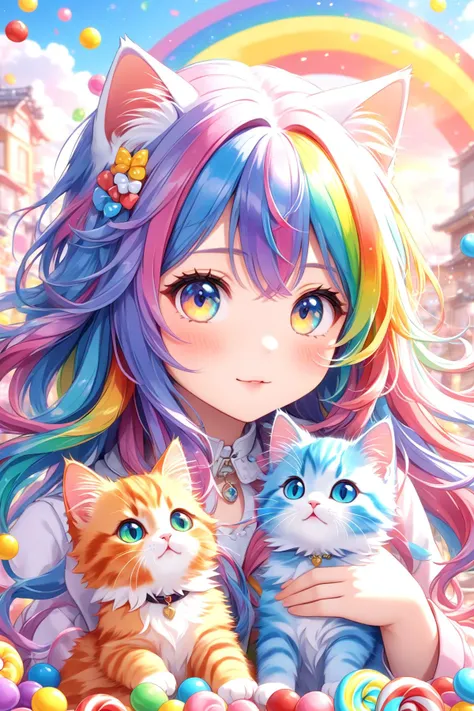 animal Cute kitten, long-haired, 7-colored hair cat, candy-colored body hair,Rainbow haired girl ,Colourful cat , cute cat,
(masterpiece:1.2), (best quality:1.2), newest, ai-generated, ultra-detailed, detailed background,  intricate details, 8k, anime, very aesthetic,