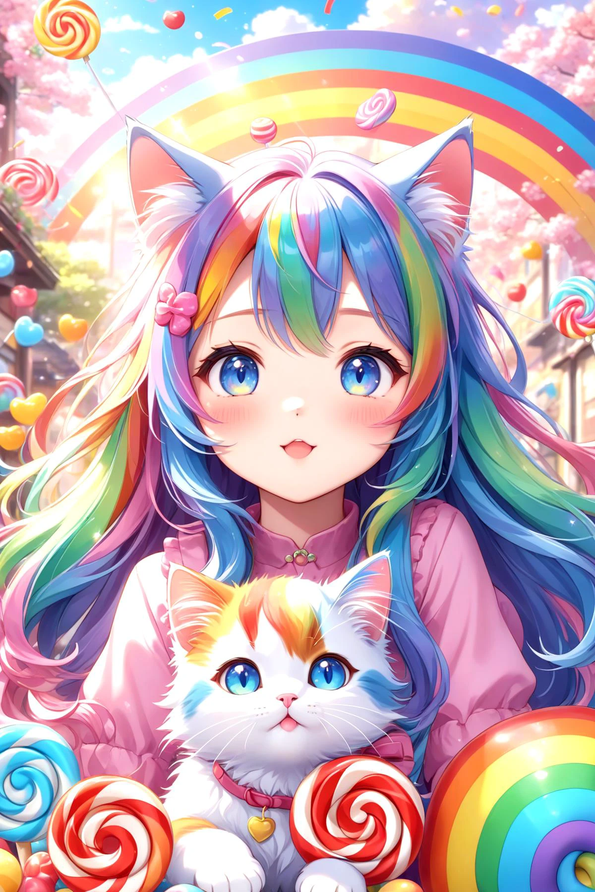 animal Cute kitten, long-haired, 7-colored hair cat, candy-colored body hair,Rainbow haired girl ,Colourful cat , cute cat,
(masterpiece:1.2), (best quality:1.2), newest, ai-generated, ultra-detailed, detailed background, intricate details, 8k, anime, very aesthetic,
