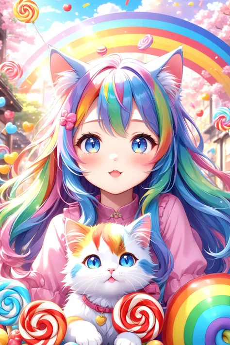 animal Cute kitten, long-haired, 7-colored hair cat, candy-colored body hair,Rainbow haired girl ,Colourful cat , cute cat,
(masterpiece:1.2), (best quality:1.2), newest, ai-generated, ultra-detailed, detailed background,  intricate details, 8k, anime, very aesthetic,