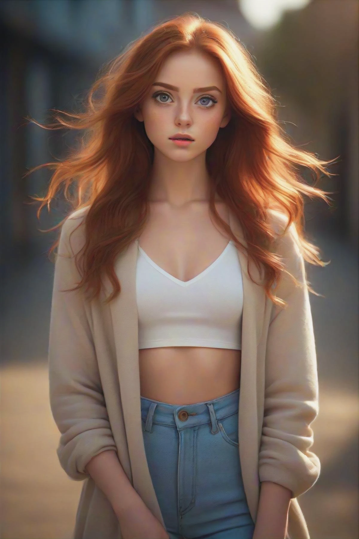 gorgeous young modern fashionable girl with expressive eyes and ginger hair, perfect beautiful eyes, beautiful detailed face, dynamic pose, sharp focus, excellent composition, cinematic atmosphere, precise correct anatomy, aesthetichigh detail of the face image, full body, extremely realistic photo,
(masterpiece:1.2), (best quality:1.2), newest, ai-generated, ultra-detailed, best shadow, detailed background, high contrast, (best illumination, an extremely delicate and beautiful), ((cinematic light)), hyper detail, dramatic light, intricate details, 8k, very aesthetic,