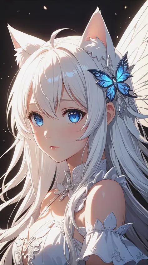 a young white girl in a fairy outfit with white cat ears and wings, 1girl, solo, long hair, blue eyes, wings, looking at viewer, animal ears, upper body, hair ornament, white hair, closed mouth,  looking at viewer,
(masterpiece, best quality, ultra-detailed, best shadow), detailed background, (beautiful detailed face), high contrast, (best illumination, an extremely delicate and beautiful), ((cinematic light)), hyper detail, dramatic light, intricate details, 8k, anime, very aesthetic,