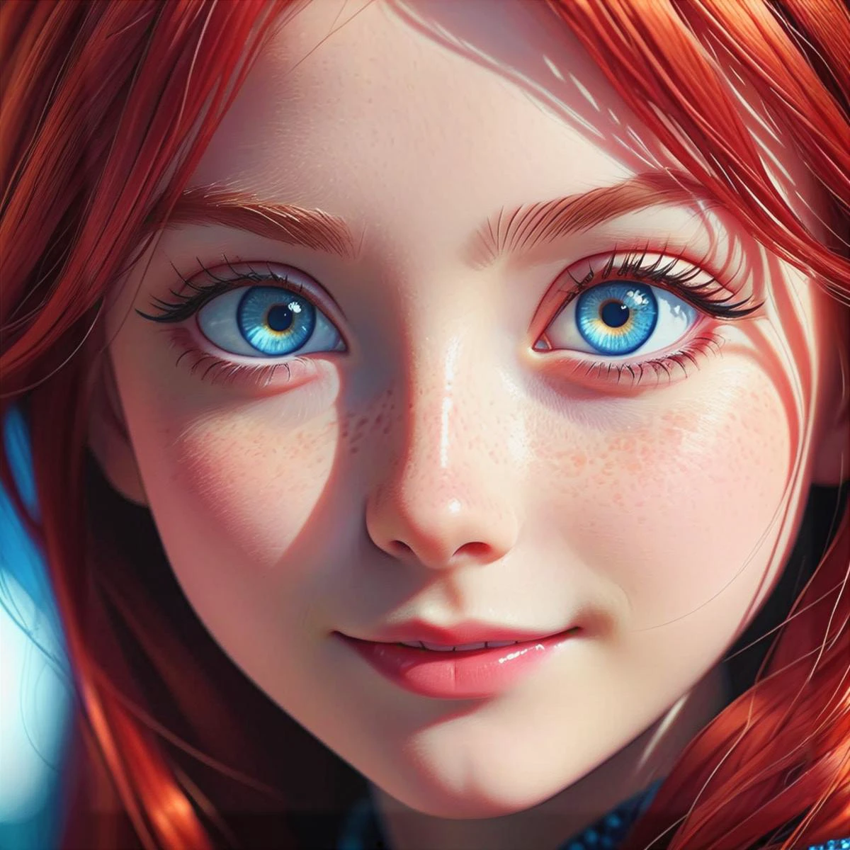 a close up from 1 beautiful and cute girl, extreme close-up, detailed blue-silver eyes, long red hair, shy smile, (masterpiece:1.2), (best quality:1.2), newest, ai-generated, ultra-detailed, best shadow, detailed background, high contrast, (best illumination, an extremely delicate and beautiful), ((cinematic light)), hyper detail, dramatic light, intricate details, 8k, anime, very aesthetic, vibrant color,