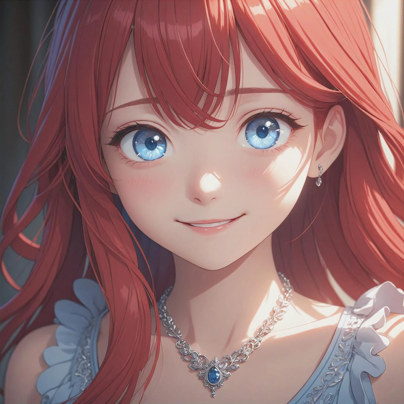 a close up from 1 beautiful and cute girl, extreme close-up, detailed blue-silver eyes, long red hair, beautiful dainty necklace, shy smile, (masterpiece:1.2), (best quality:1.2), newest, ai-generated, ultra-detailed, best shadow, detailed background, high contrast, (best illumination, an extremely delicate and beautiful), ((cinematic light)), hyper detail, dramatic light, intricate details, 8k, anime, very aesthetic, vibrant color,