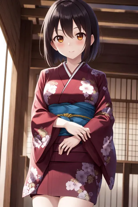 masterpiece, best quality, highres, 1girl yukina himeragi short hair <lora:yukina_himeragi_no_outfit:1> kimono