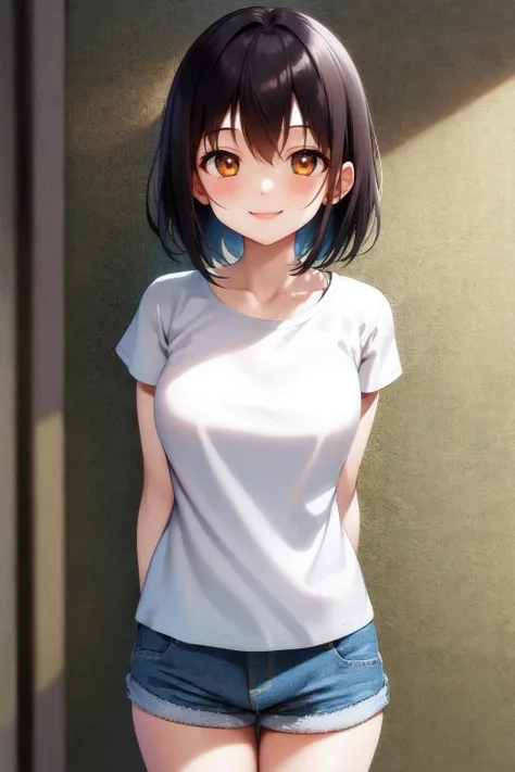 masterpiece, best quality, highres, 1girl yukina himeragi short hair <lora:yukina_himeragi_no_outfit:1> white shirt, denim shorts, smile