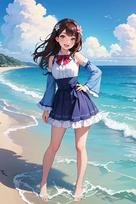 masterpiece,best quality,dramatic, 1girl, solo, long hair, brown hair, detached sleeves, open mouth, smile, outdoors, water, sky, day, hand on hip, hair ornament, pointing, cloud, ocean, dress, blush, blue dress, wading, blue sky, bow, standing, :d, frills, beach, bangs, barefoot, hair flower, skirt, ^_^, facing viewer, bowtie, teeth,scenery,<lora:GoodHands-beta2:0.8>