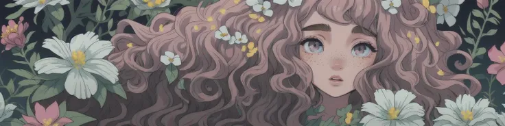 long fluffy wavy hair, (beautiful face freckles:1.1), curly hair entangled with flora and( flowers:1.3), dreamlike beauty, soft eyes, vivid matte palette,