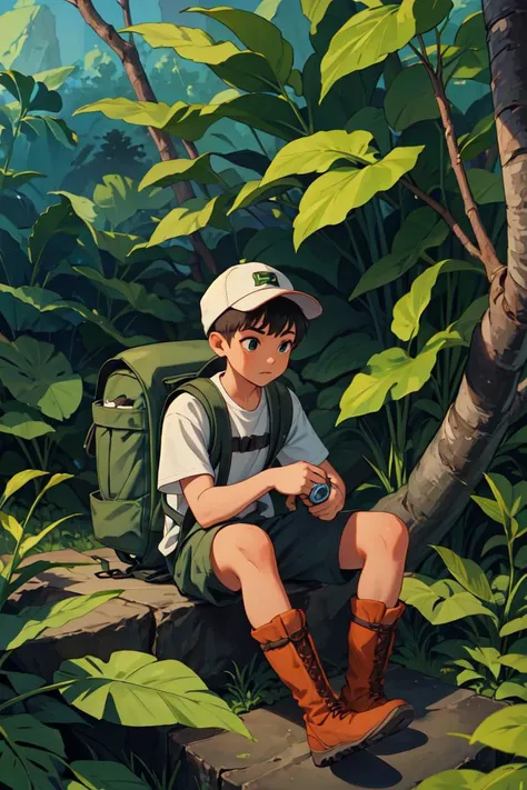 (masterpiece, best quality), 1boy, explorer, jungle, sitting, boots, hat, backpack