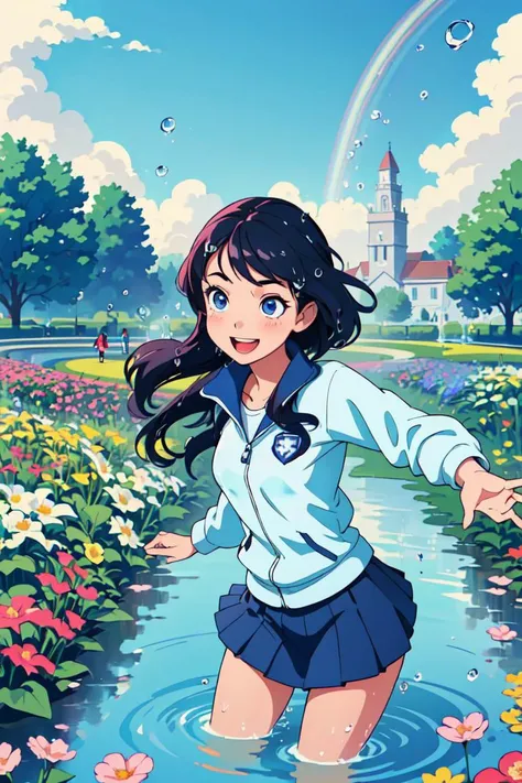 masterpiece, best quality, (kawaii cute navy tracksuit 1girl in school flower garden:1.3), (lots of waterdrops floating in air:1.4), (rainbow in sky), cowboy shot, from above, (vivid color, high contrast:1.2), bluesky, sun lighting, front lighting, mini skirt, flying petals, dynamic pose, joyful smile, (water splashing from sprinklers on the ground), (lively atmosphere, lively crowd of school girls:1.4), <lyco:GoodHands-beta2:1>,scenery,