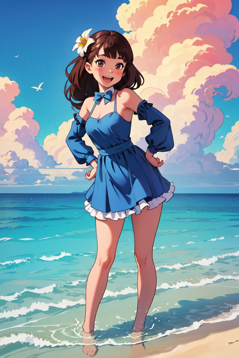 masterpiece,best quality,dramatic, 1girl, solo, long hair, brown hair, detached sleeves, open mouth, smile, outdoors, water, sky, day, hand on hip, hair ornament, pointing, cloud, ocean, dress, blush, blue dress, wading, blue sky, bow, standing, :d, frills, beach, bangs, barefoot, hair flower, skirt, ^_^, facing viewer, bowtie, teeth, <lyco:GoodHands-beta2:1>,scenery,