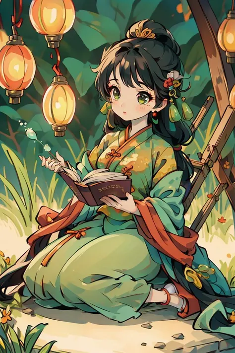 (masterpiece),(best quality), 1girl,chibi, full body,in style of blindbox, ((green Cheongsam)), sitting in a traditional Chinese study,jeweled hairpin adorning, black hair. bookshelves filled with ancient texts and scroll paintings,reading a book with a focused expression, her slender fingers turning the pages with grace and precision,The room is bathed in a soft and warm light, giving the scene a peaceful and nostalgic feel. <lora:Guofeng_mengwan_v1:0.9>, <lora:shuimobysimV3:0.6>