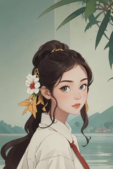 masterpiece,best quality,high quality, <lyco:GoodHands-beta2:1.0>,1girl, 13 year old girl,white shirt,beauty, (trees:0.5), (flowers:0.6) ,(birds:0.2), (bamboo0.1), lakes, Hangzhou,looking at viewer, <lora:anxiang:0.7>