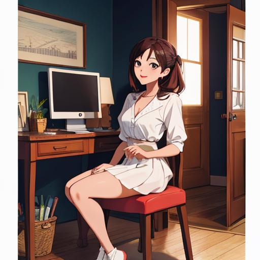 Anime girl sitting on a chair in front of a computer - SeaArt AI