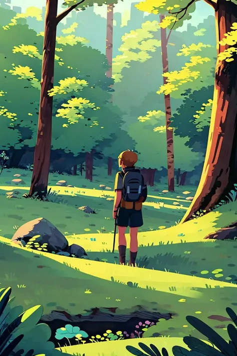 solo, 1 1boy, blonde hair, plant, outdoor,In the forest, backpacking, exploring, grass, rocks, (illustration:1.0), masterpiece, best quality,, masterpiece, best quality, <lora:Child illustrationa_20230804152414:0.8>,