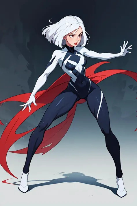 masterpiece,best quality,(1girl, full body),action scene,dynamic pose,spider gwen,white hair,Cute Loose Bob hairstyle,red lips,small breasts,toned,dramatic lighting,scenery,<lora:GoodHands-beta2:1>,