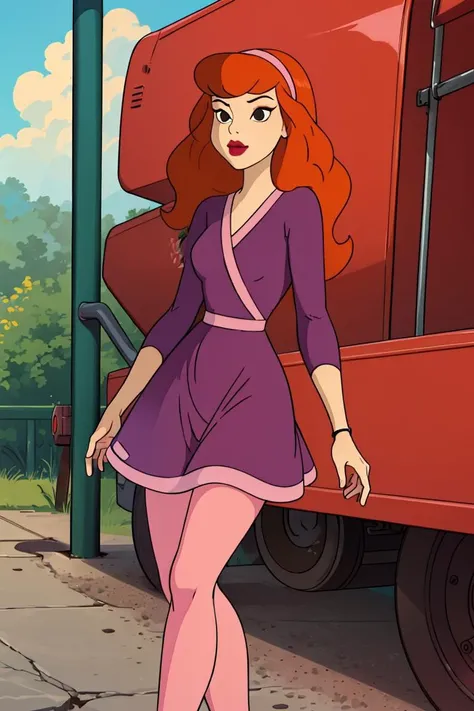 pov, sam, totally spies, orange hair, green eyes, dick flash, white skirt, pink top, bare shoulders, skinny, foreskin, inside a train, crossed legs, penis, looking at viewer