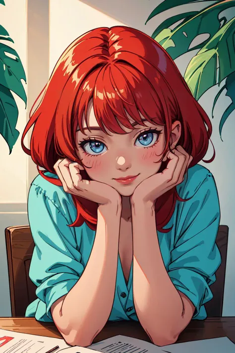 portrait of a cute red head, hands resting on a desk, chin resting on palms, soft smile, (highres, highly detailed:1.2), cinematic lighting, vibrant colors, <lora:epi_noiseoffset2:0.25>, <lora:more_details:0.25>