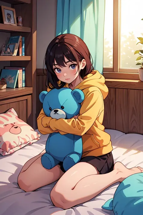 (masterpiece, best quality), 1girl, hugging teddy bear, wariza, in room, sunlight, stuffed toy, hoodie,<lora:GoodHands-beta2:1>,