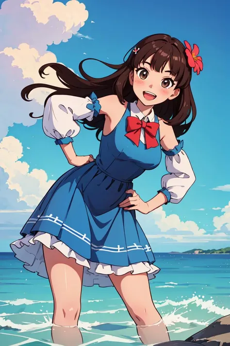 masterpiece,best quality,dramatic, 1girl, solo, long hair, brown hair, detached sleeves, open mouth, smile, outdoors, water, sky, day, hand on hip, hair ornament, pointing, cloud, ocean, dress, blush, blue dress, wading, blue sky, bow, standing, :d, frills, beach, bangs, barefoot, hair flower, skirt, ^_^, facing viewer, bowtie, teeth,scenery,<lora:GoodHands-beta2:0.8>,