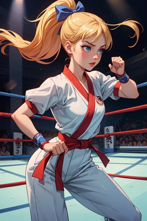 masterpiece,ultra high quality CG,best quality,perfect picture,solo,lidia sobieska (tekken, blond hair with high ponytail, blue eyes, bow, strong),karate pose,wearing a sexy karate outfit,in a fighting stadium,depth of field,highly detailed background,<lora:more_details:0.3>,<lora:GPTS4 dreamwave full_478773:0.3>,<lora:GoodHands-beta2:1>,