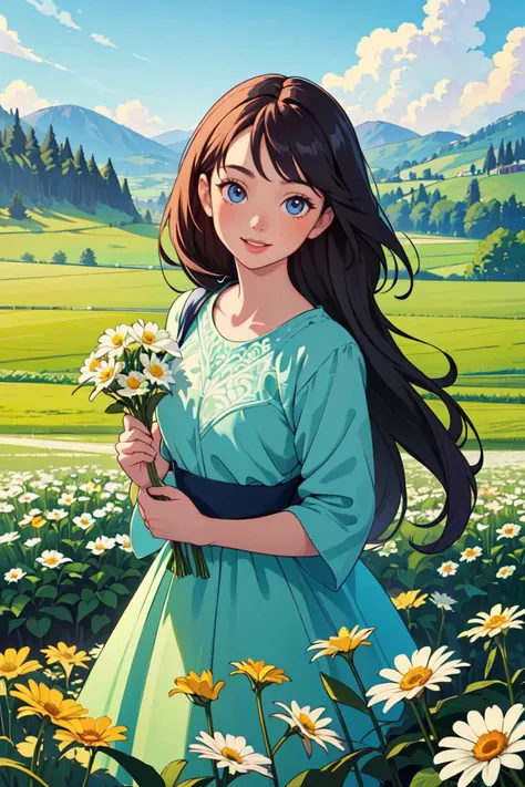 (masterpiece, best quality:1.4), (beautiful, aesthetic, perfect, delicate, intricate:1.2),countryside road trip movie poster, 1girl, Holding flowers in hand,field of daisy, vibrant, happy, scenery,<lora:GoodHands-beta2:1>,