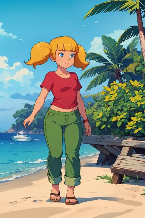 masterpiece,best quality,1girl,penny,blonde hair,twintails,blunt bangs,blue eyes,red shirt,green pants,standing,full body,sea,sand,tropical island background ,<lora:Penny:0.8>,