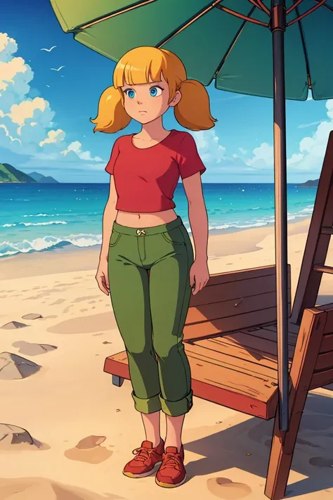 masterpiece,best quality,1girl,penny,blonde hair,twintails,blunt bangs,blue eyes,red shirt,green pants,standing,full body,sea,sand,tropical island background ,<lora:Penny:0.8>,