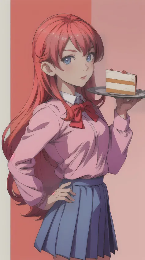 (masterpiece, top quality, best quality, ultra high res, flat 2d anime style), girl, school uniform, holding a cake,