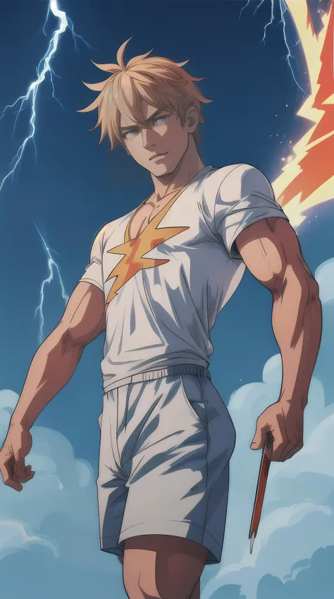 (masterpiece, top quality, best quality, ultra high res, flat 2d anime style), Zeus holding lightning