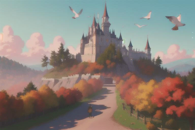 a castle on top of a cliff side, bird eyes view, autumm, architecture, birds, people, scenery, towers, trees, sunny, day, far away view, Direct light, Selective focus, ((illustration)), perfect details, light particles, chromatic aberration, masterpiece, best quality, absurdres, highest quality, amazing details, hyper detail, dramatic light, intricate details