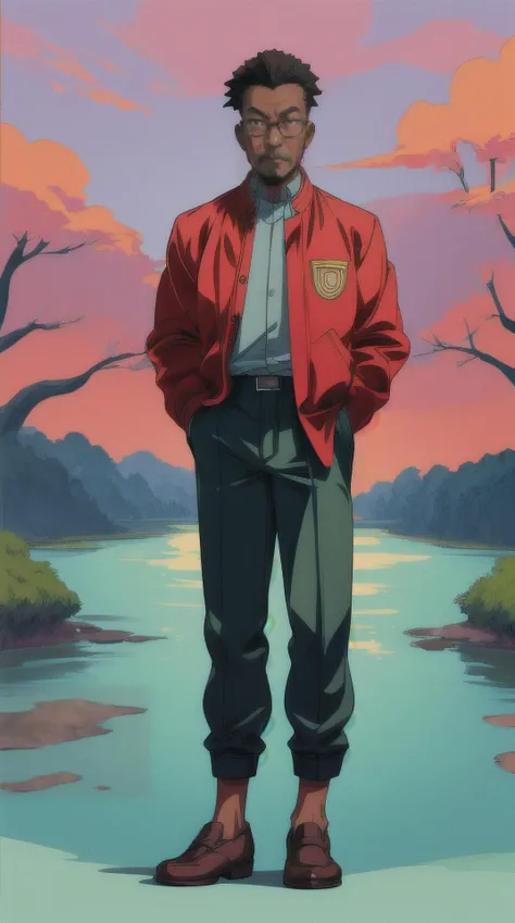 (masterpiece, top quality, best quality, ultra high res, flat 2d anime style), old-timey, African man, Undercut, Designer, at River, Hands in pockets pose, Vivid,
