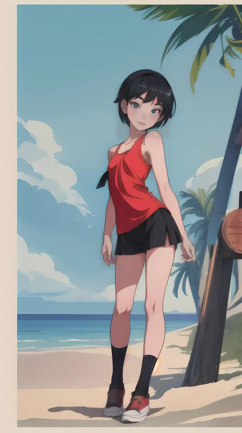 (masterpiece, top quality, best quality, ultra high res, flat 2d anime style), 20 year old Asian woman, small breast, Blunt haircut, black hair, Shoulder forward pose, (petite body), medium shot, [body freckles], [light pubic hair], happy, Beach