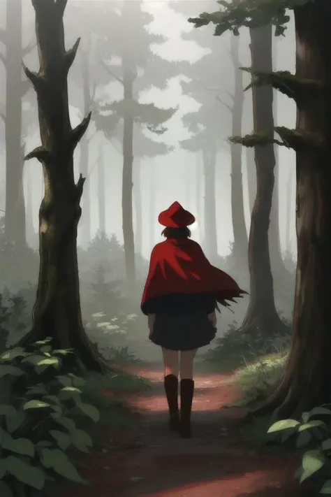 1girl, walking alone through a dark forest, gloomy lighting, red cape, red hat, basket in hand, forest, walking away, back turned