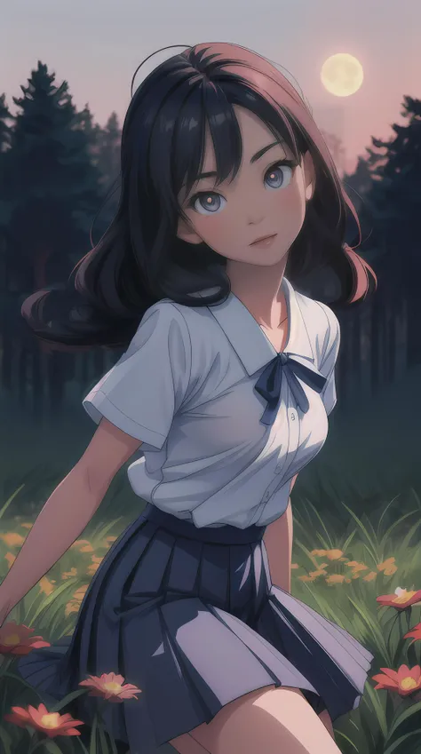 (masterpiece, top quality, best quality, ultra high res, flat 2d anime style), asian, japanese, cute, medium length wavy black hair, forest, flower meadow, looking at viewer, moon, night, dark photo, blurry background, fcDetailPortrait, good hands, (Navy Blue inverted pleated short skirt), white shirt short sleeves, breasts, nipples, vagina