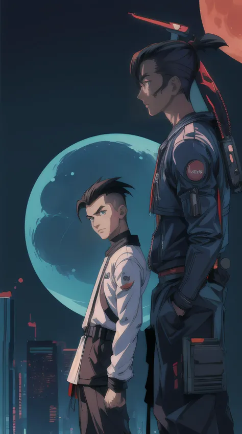 (masterpiece, top quality, best quality, ultra high res, flat 2d anime style), cyberpunk, Caucasian man, Undercut, Slim body, Chemist, at The Moon, Shoulder forward pose, Vivid,