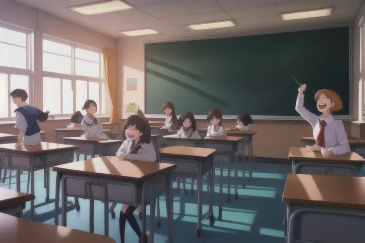 (masterpiece, best quality), multiple people, sitting at desk, classroom, inside, school, dynamic lighting, laughing, smiling, chaotic, teacher, book flying through the air, pages in the air, wide angle, chaos