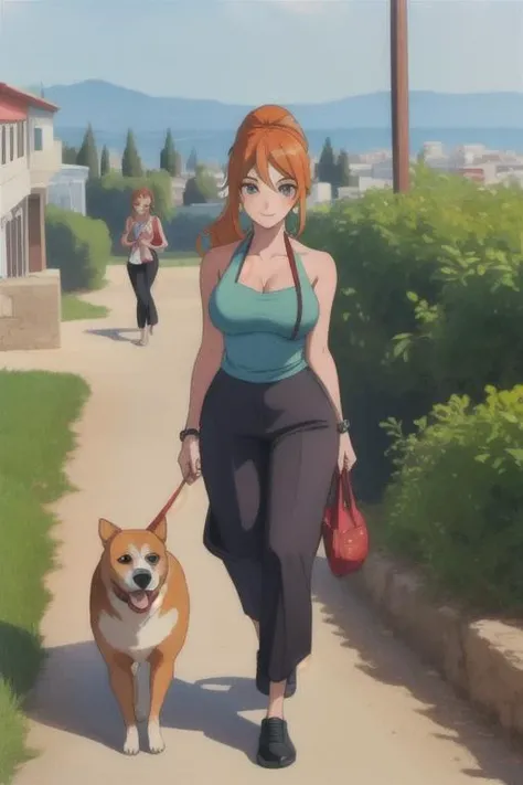 (masterpiece, best quality), 1girl, 1dog, young girl walking her one dog, Strawberry blonde hair, ponytail, looking at viewer, Halter Top, Dress pants, Greek, outdoors, walking towards viewer