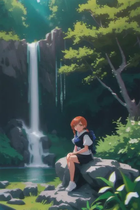 1girl, cute, looking at viewer, sitting on a rock on the side, girl sitting to the side, lake, waterfall, summer, shrubbery, bushes, sunlight, outside, Direct light, Selective focus, ((illustration)), perfect details, light particles, chromatic aberration, masterpiece, best quality, absurdres, highest quality, amazing details, hyper detail, dramatic light, intricate details. waterfall in focus