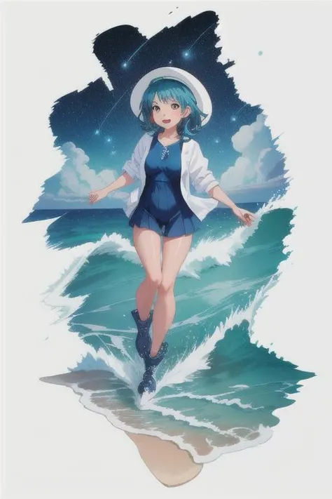 full body,low angle,from below,((both arms down)),(White elegant summer knit cardigan,one piece swimsuit),((1girl,cute,young,pixie cut beautiful silver blonde hair,blunt bangs,beautiful eyes)),(solo),((masterpiece, highest resolution,best quality)), (beautiful illustration),(looking at the viewer), innocent smile,cinematic lighting,beautiful emerald green beach, white sand,waves,clouds,blue sky