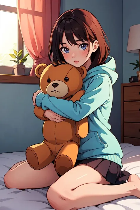 (masterpiece, best quality), 1girl, hugging teddy bear, wariza, in room, sunlight, stuffed toy, hoodie,<lora:GoodHands-beta2:1>,