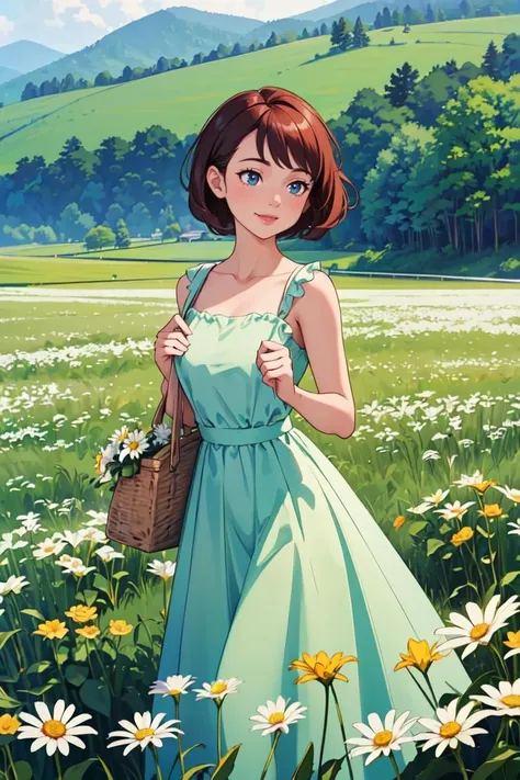 (masterpiece, best quality:1.4), (beautiful, aesthetic, perfect, delicate, intricate:1.2),countryside road trip movie poster, 1girl, Holding flowers in hand,field of daisy, vibrant, happy, scenery,<lora:GoodHands-beta2:1>,